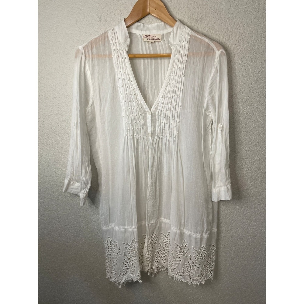 Antica Sartoria Tunic Top Womens XL White Pintucks Embroidered Eyelet Button Up